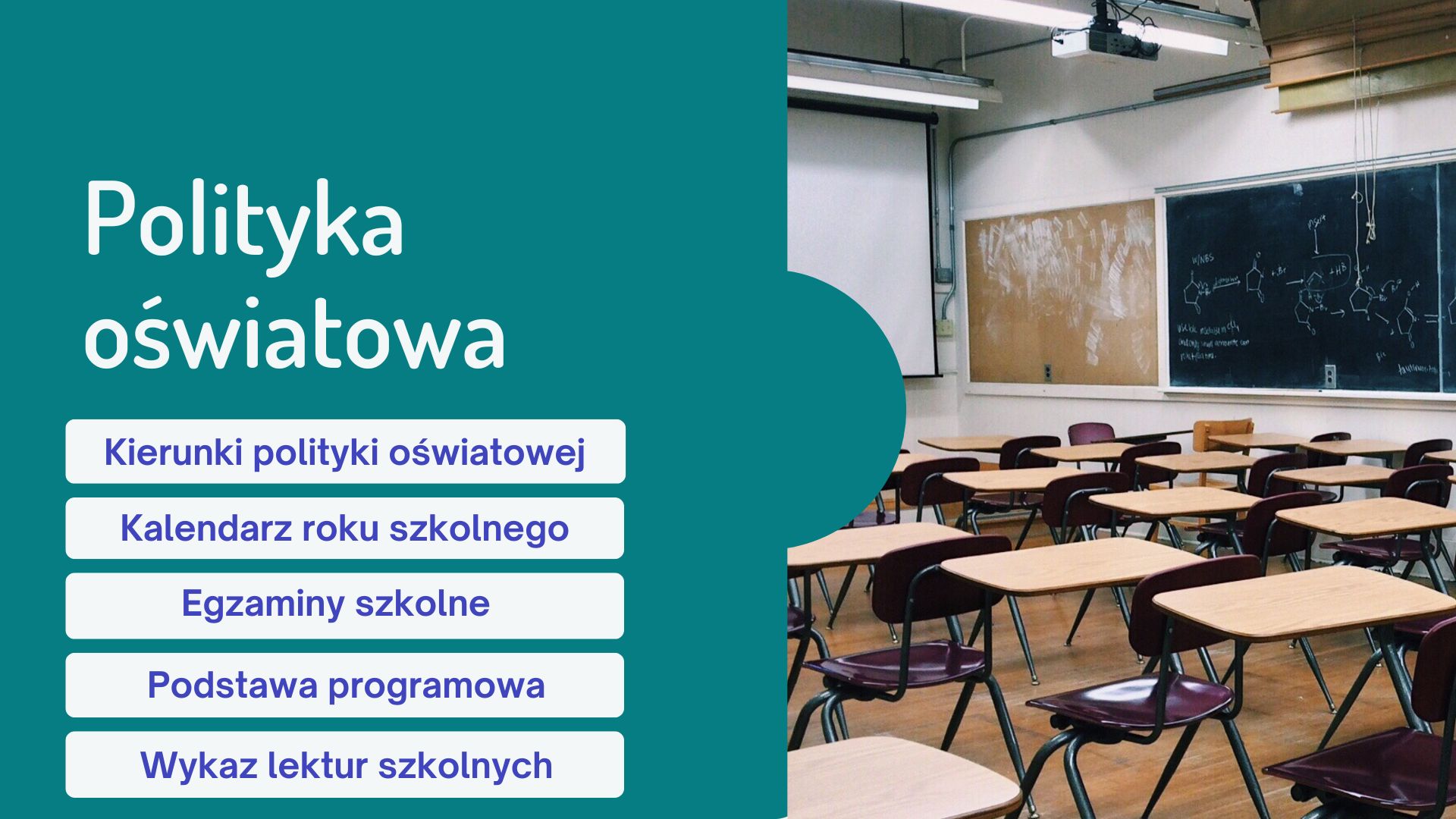 Polityka oświatowa - Kierunki polityki oświatowej; Kalendarz roku szkolnego; Egzaminy szkolne; Podstawa programowa; Wykaz lektur szkolnych