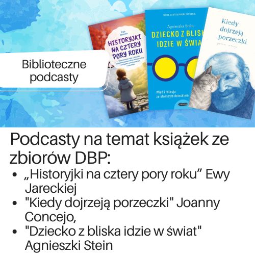 Nowe podcasty o książkach w serwisie Spotify: „Historyjki na cztery pory roku” Ewy Jareckiej, "Kiedy dojrzeją porzeczki" Joanny Concejo, "Dziecko z bliska idzie w świat" Agnieszki Stein. Na grafice okładki książek na błękitnym akwarelowym tle.