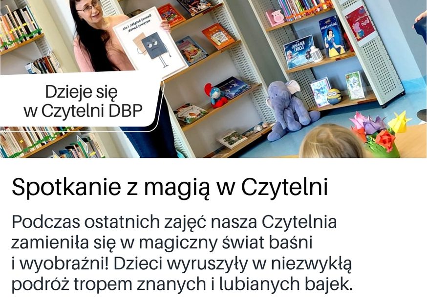 Grafika przekierowująca do informacji zajęciach dla dzieci w Czytelni, dotyczących spotkania ze światem baśni
