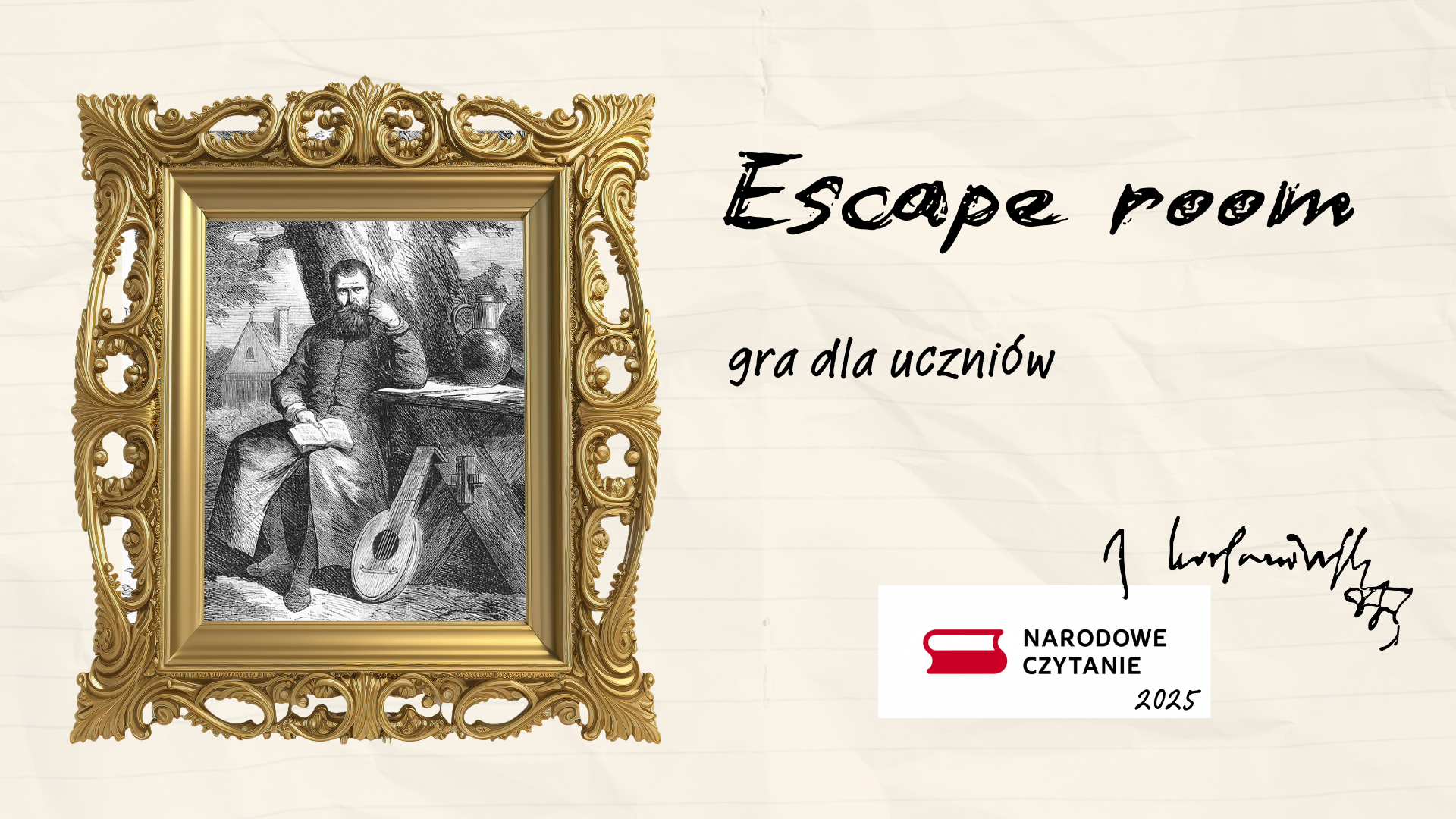 Grafika ilustracyjna z linkiem do escape room: Narodowe Czytanie 2025 - Jan Kochanowski