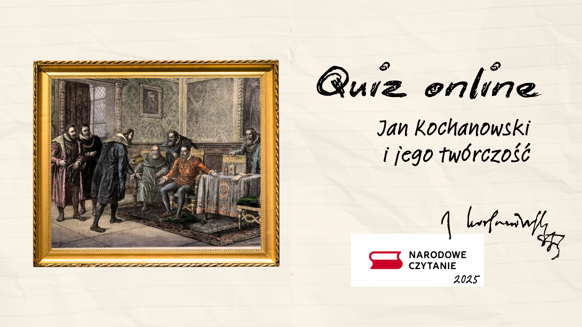 Grafika ilustracyjna z linkiem do quizu online: Narodowe Czytanie 2025 - Jan Kochanowski i jego twórczość