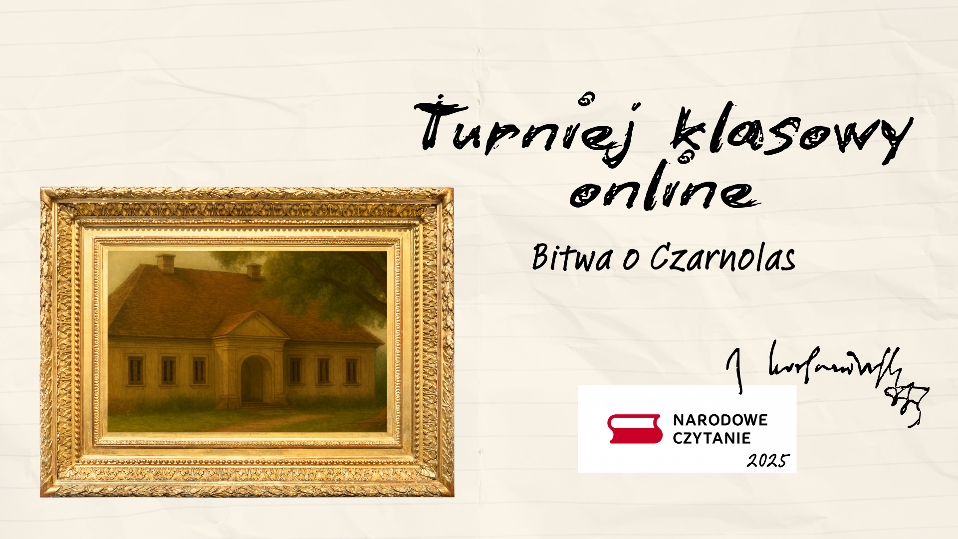 Grafika ilustracyjna z linkiem do turnieju klasowego online: Narodowe Czytanie 2025 - Bitwa o Czarnolas