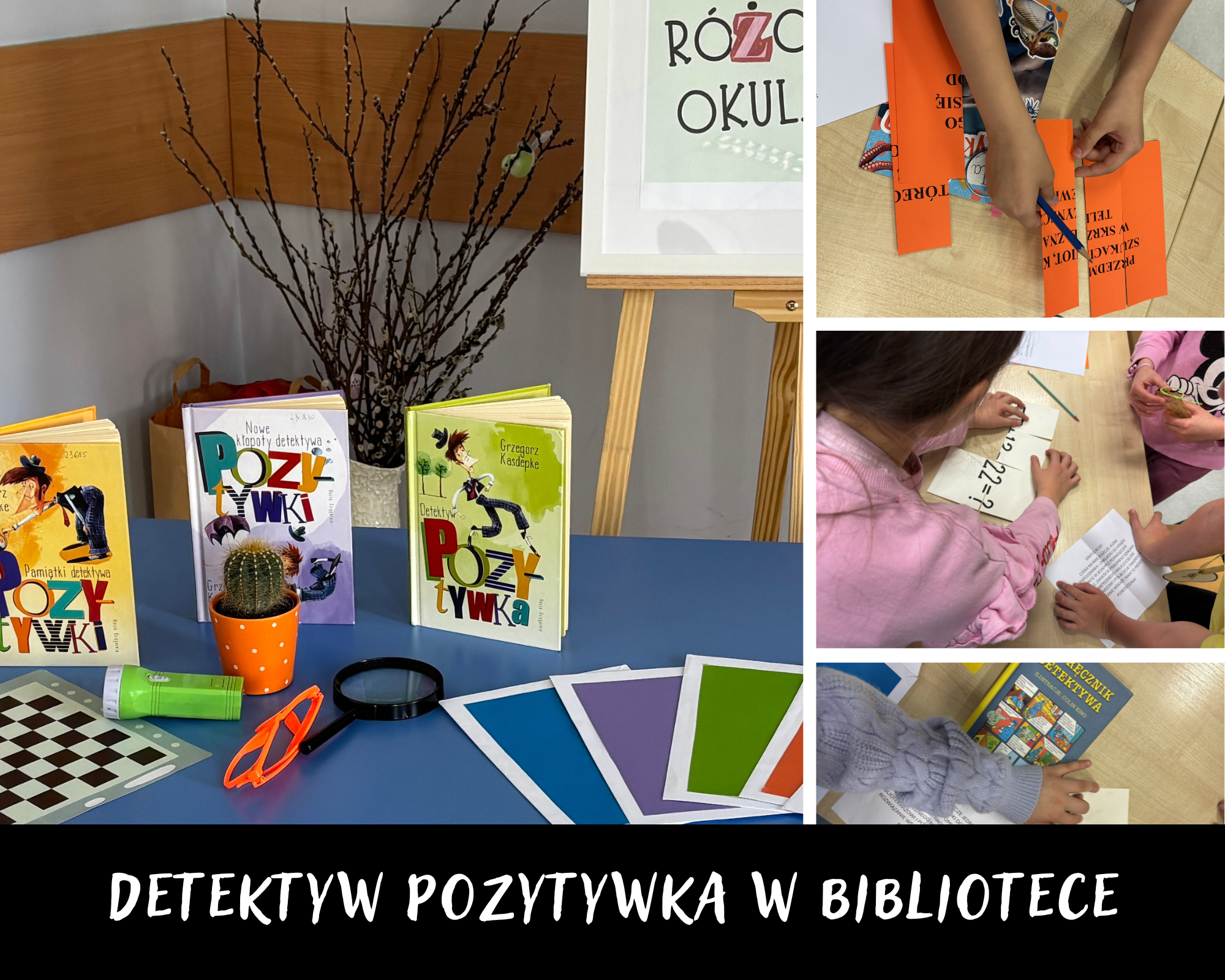 Grafika ilustracyjna: zajęcia z okazji Tygodnia Bibliotek - Detektyw Pozytywka