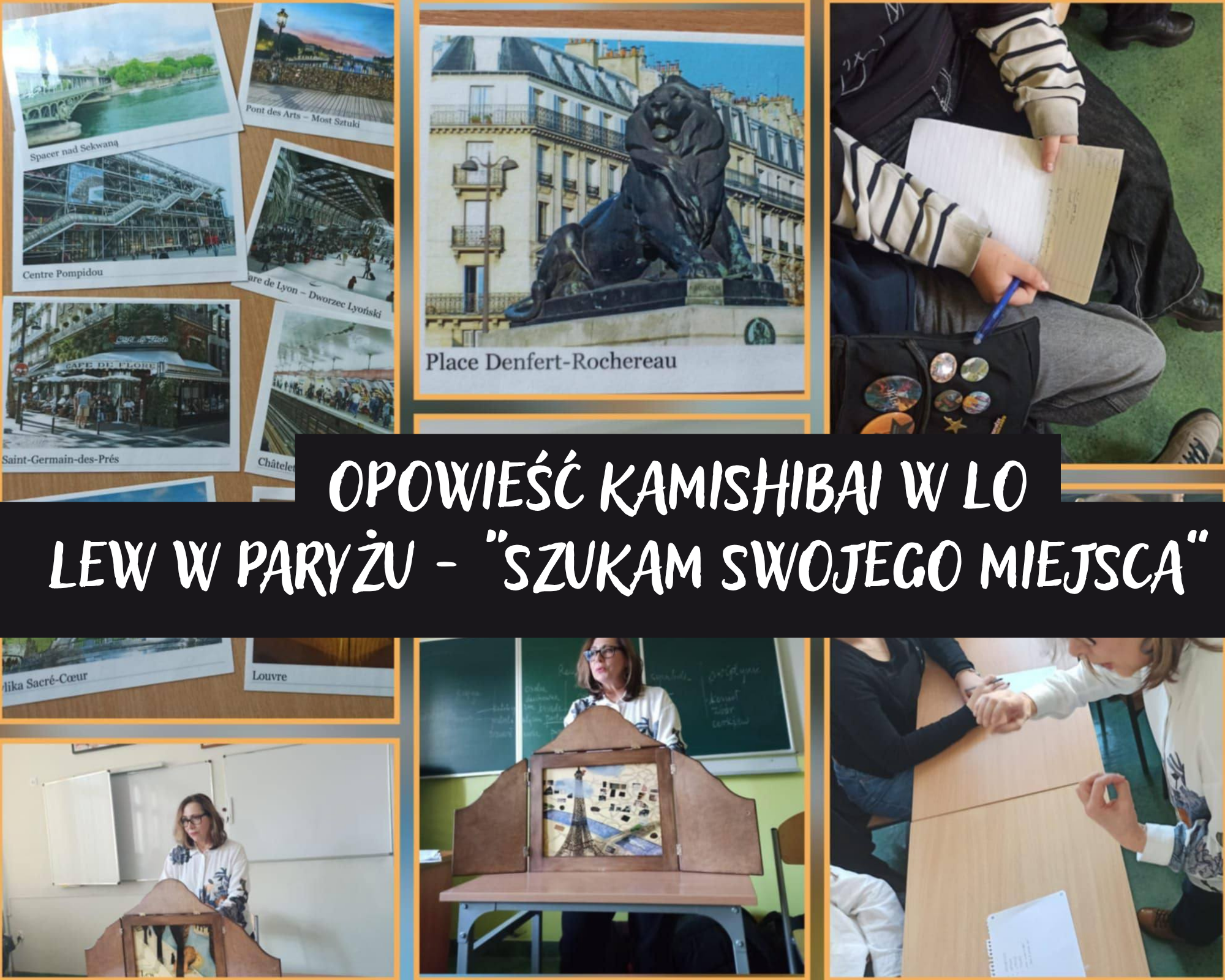 Grafika ilustracyjna: zajęcia edukacyjne dla uczniów liceum z wykorzystaniem teatrzyku kamishibai Lew w Paryżu
