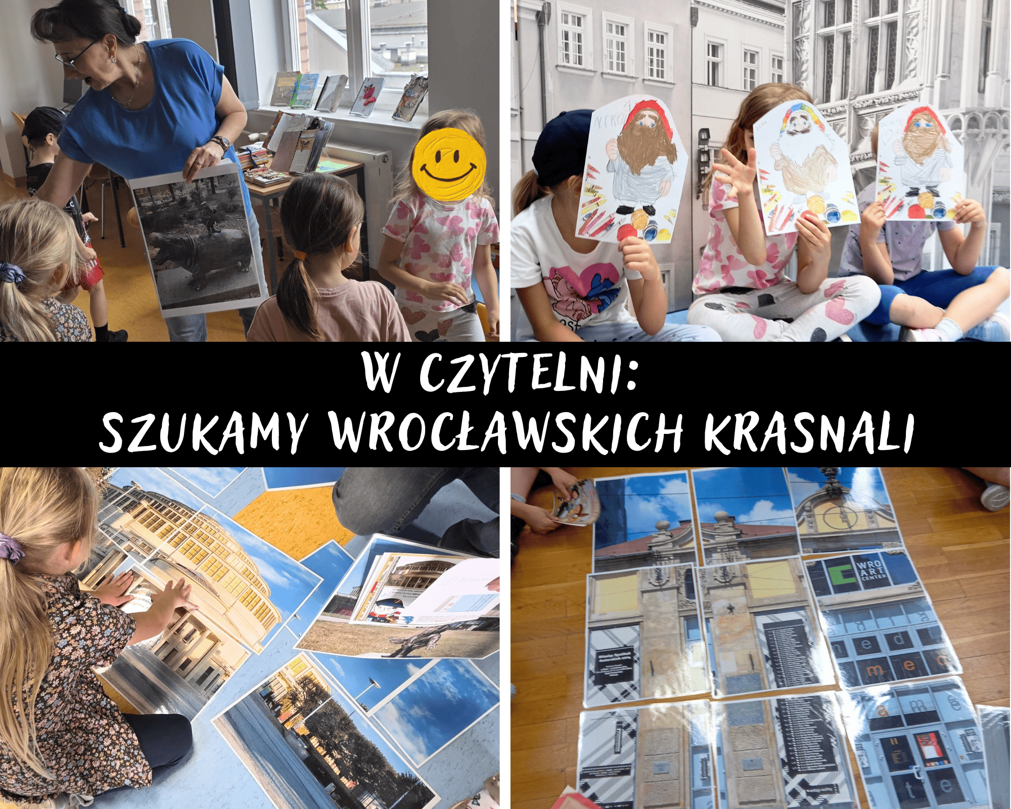 Grafika ilustracyjna: W Czytelni - zajęcia Szukamy wrocławskich krasnali
